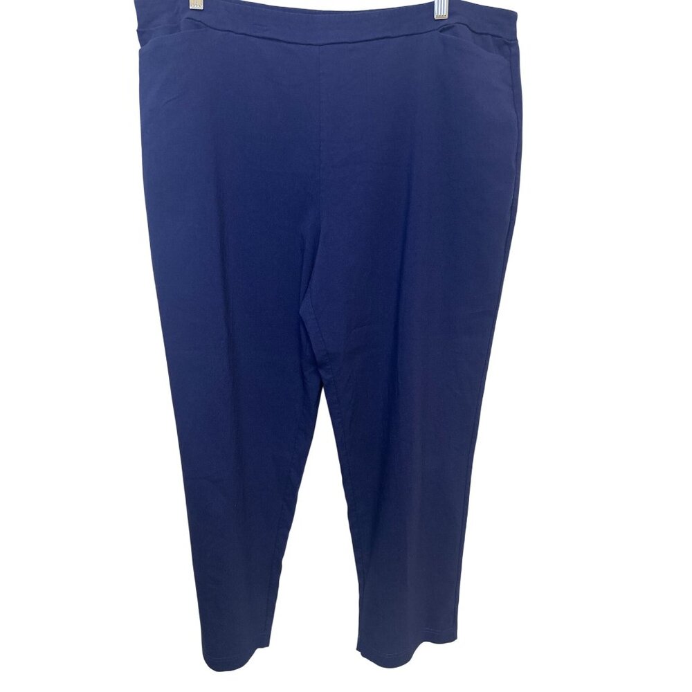 Susan Graver Pants Navy Blue Liquid Knit Pull On Stretch Straight Leg, XL